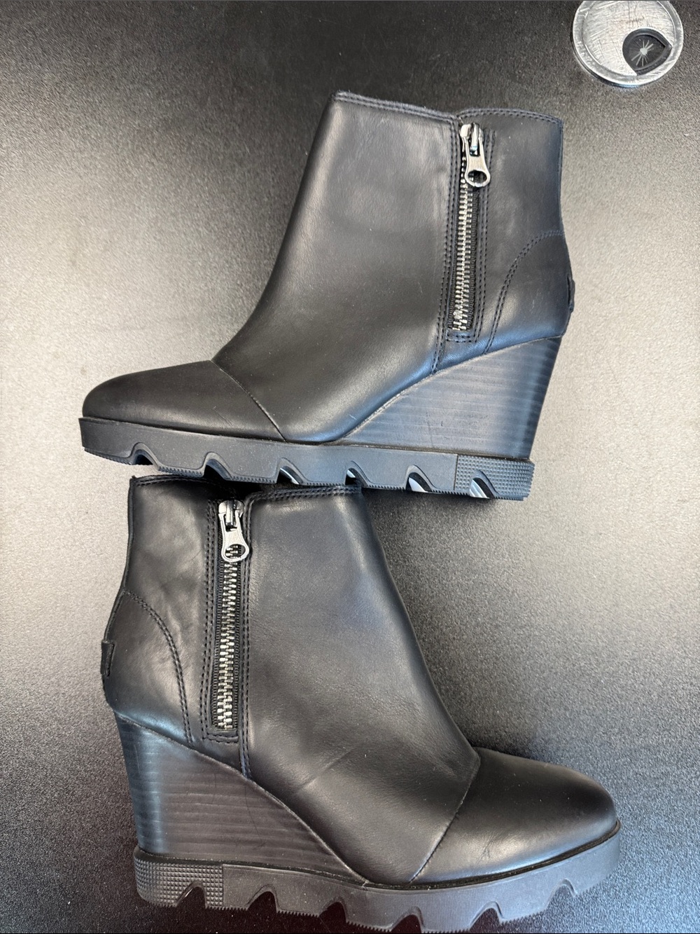 Sorel Black Leather Wedge Ankle Boots with Side Zippers